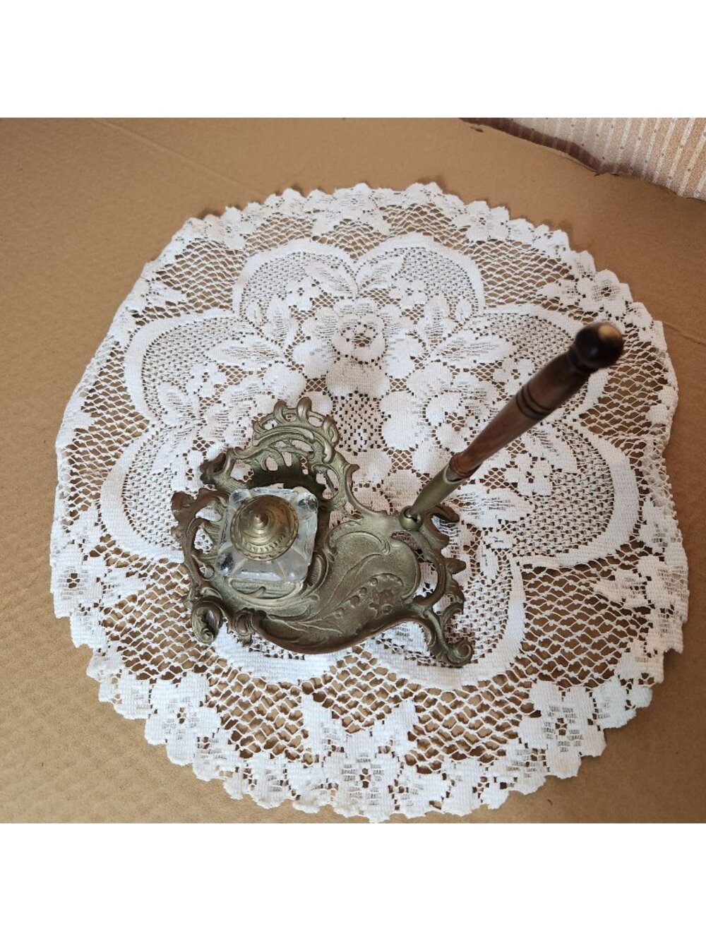 Antique Art Nouveau Brass & Glass Inkwell Writing Set With Pen Holder And Ornate